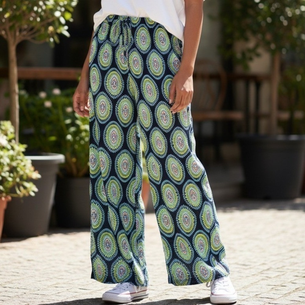 Crown & Ivy Womens XS Blue Green  Print Wide Leg Palazzo Drawstring Pant